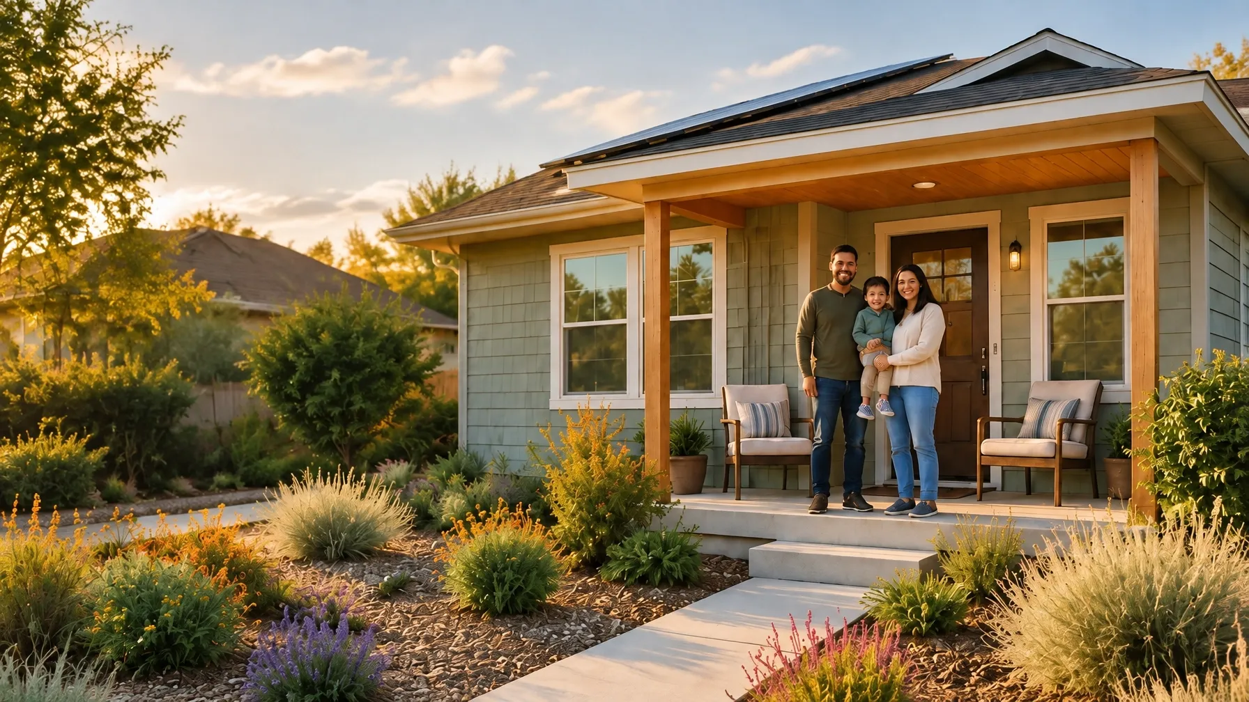 A family standing on the porch of a warm, energy-efficient affordable home surrounded by native landscaping
